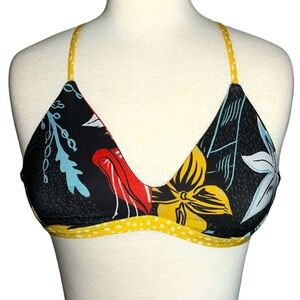 Floral criss cross tie blue yellow bikini swim top in women’s small